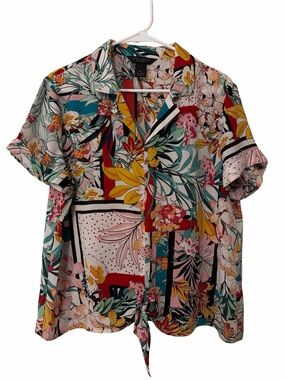 Investments Petites Floral Collared Front Tie Large Blouse - Coral, Teal, Pink,